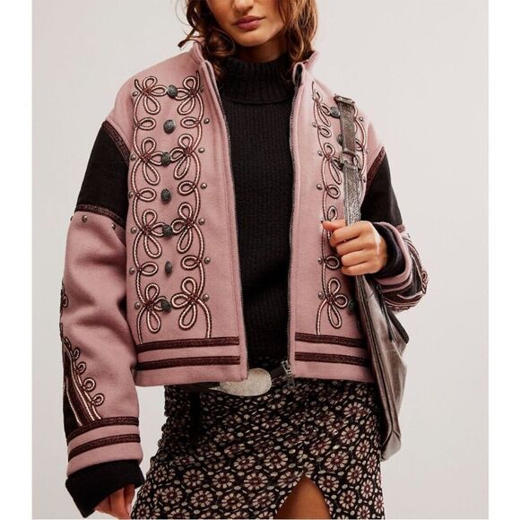 🆕 FREE PEOPLE We The Free Boy Band Bomber Jacket / Woodrose - Picture 1 of 7
